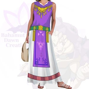 May include: A sleeveless purple and white dress with a Zelda-inspired design. The dress features a V-neck, gold accents, a green belt, and a purple panel with a Triforce symbol. The bottom of the dress is white with a red stripe.