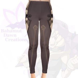 May include: Brown leggings with a geometric pattern and a light brown design. The leggings have a high waist and a fitted silhouette.