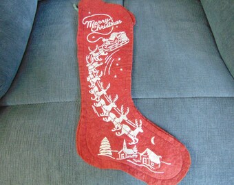 1940s christmas stocking vintage stencil in white great santa sled raindeers - Vintage Christmas Stockings 1940s christmas stocking vintage stencil in white great santa sled raindeers - Vintage Christmas Stockings
