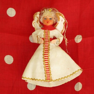 1950&#39;s Christmas Angel, Rubber Head , Hanging Ornament, Tree Topper, White Felt Dress , Religious Figurine, Christmas Gift Box Accessory