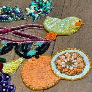10 Vintage Sequin, Fruit, Women Glasses, Stars, Teddy Bear, Fabric Appliques, Decals, Sew On, Glue On,