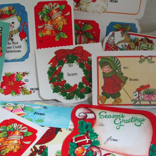 Vintage Christmas Gift Tags, 1940s-80s, Lot of 40, Ephemera