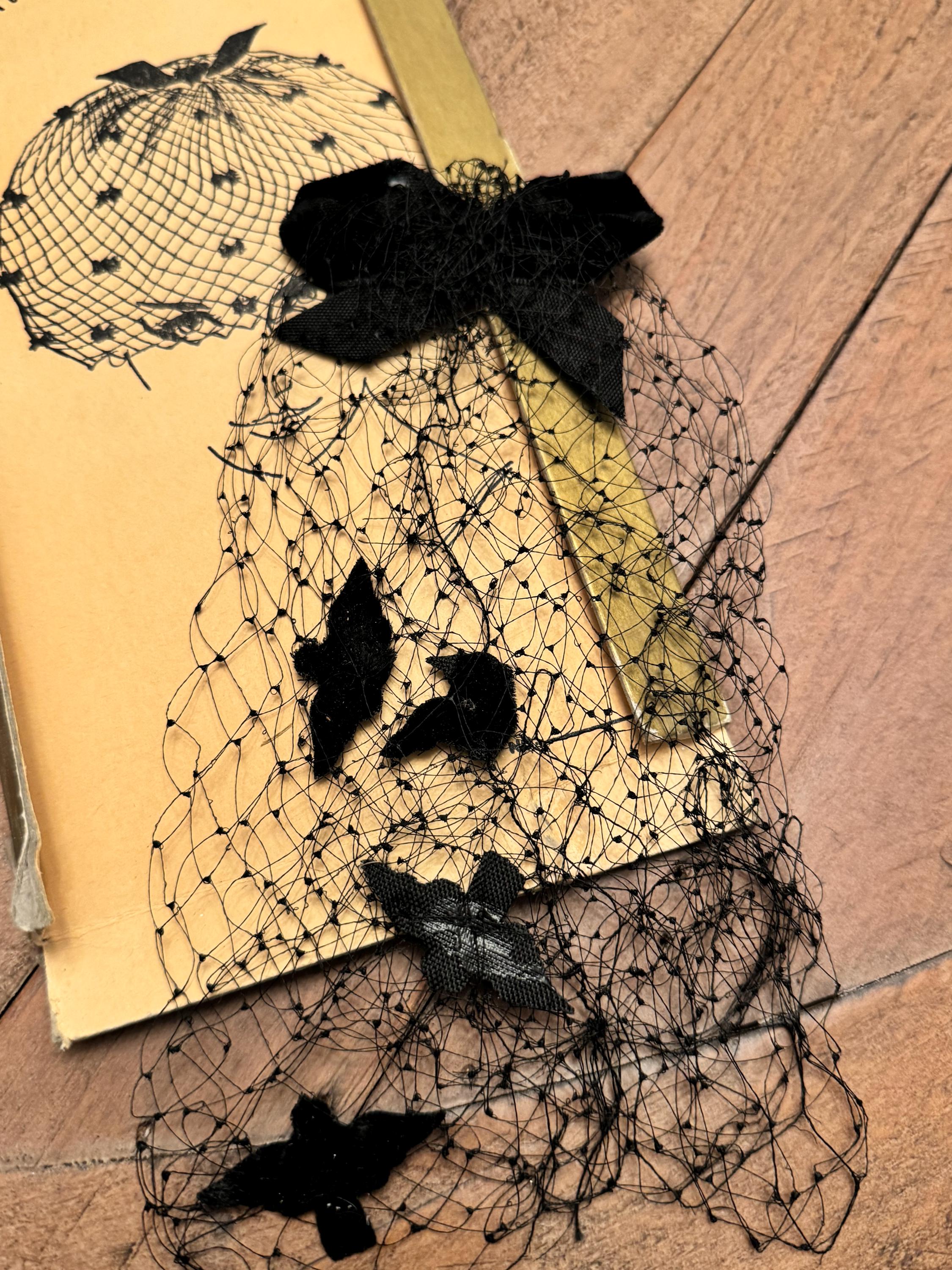 Vintage 1950s Birdcage Veil Hat, Black Velvet Ribbon, Unused 