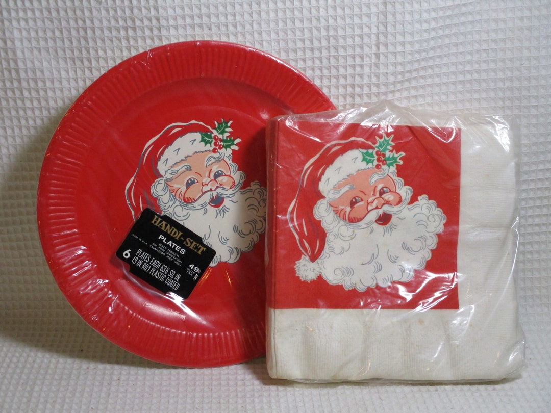 Santa Paper Plates Napkins Matching Set Vintage 6 Plastic Etsy