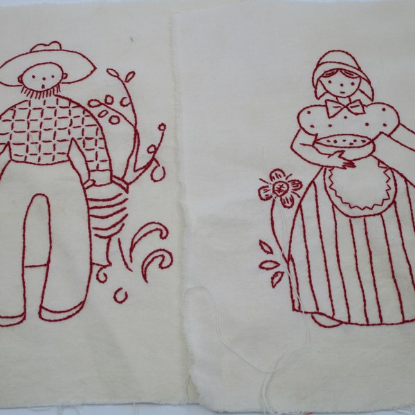 Vintage Applique Red Work Quilt Squares, Christmas Gift, Hand Embroidery, Farmer, Wife, Red Works, Quilt Block, Hand Stitched Outline,