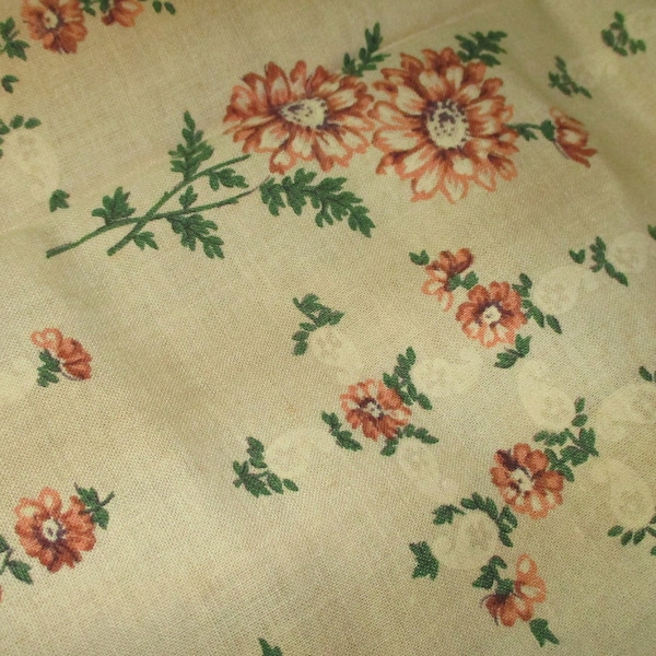 Primitive Fabric, Quilt Repair Fabric, 2 Panels, Cafe Curtains, Rust Color Flowers, Green Steams, Country Decorating Vintage Fabric,