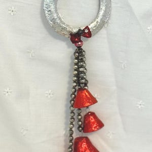 Vintage MIJ Christmas Paper Mache Bells, Wall Hanging, Mercury Beads, Door Hanging, Christmas Ornaments, Small Wreath, Silver Foil Bells