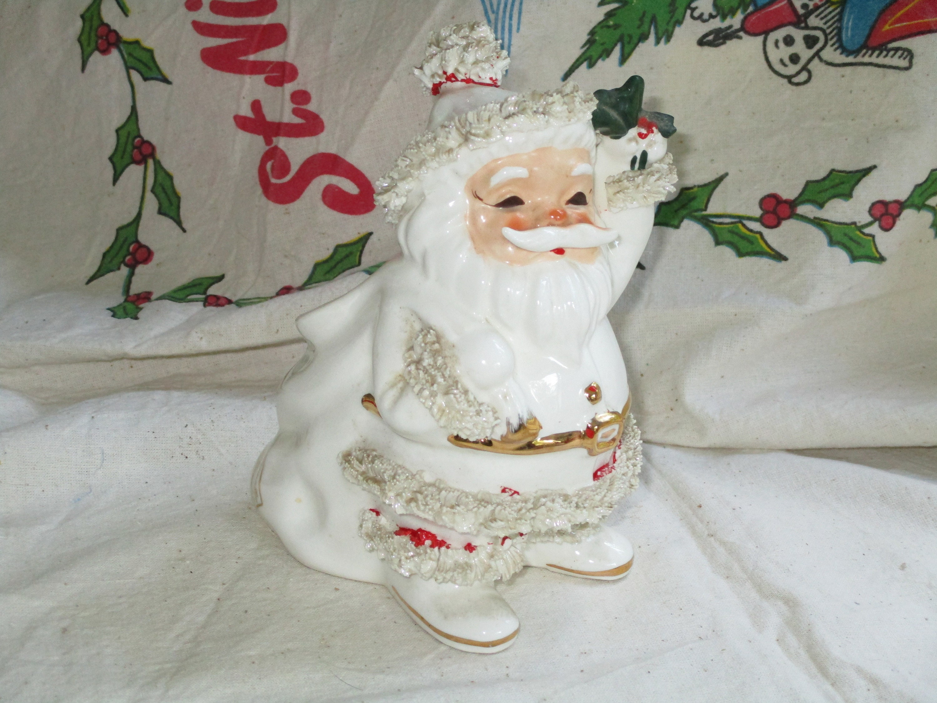 Vintage Napco Ceramic Santa Figurine: Spaghetti Trim Christmas