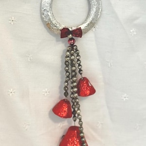 Vintage MIJ Christmas Paper Mache Bells, Wall Hanging, Mercury Beads, Door Hanging, Christmas Ornaments, Small Wreath, Red Foil Bells