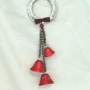 Vintage MIJ Christmas Paper Mache Bells, Wall Hanging, Mercury Beads, Door Hanging, Christmas Ornaments, Small Wreath, Red Foil Bells