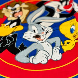 May include: A blue, red, and yellow cartoon graphic featuring Bugs Bunny, Daffy Duck, Taz, Sylvester, and Tweety Bird. The characters are arranged in a circular pattern against a blue background with red and yellow concentric circles.