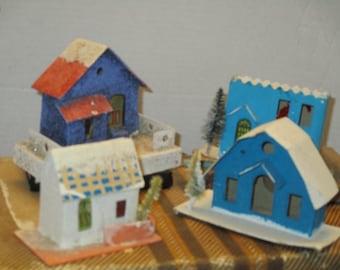 Vintage Glittered Cardboard Christmas Village Houses: Made in Japan, Set of 3