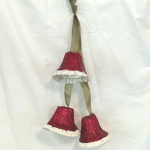 Vintage Mercury Beads, MIJ 3 Christmas Paper Mache Bells, Wall Hanging, Door Hanging, Christmas Ornaments, Red White Mica Bottom Foil Bells