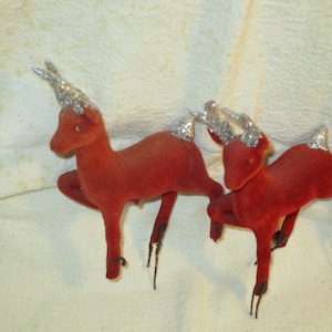 Vintage Red Flocked Deer's, Christmas Picks, Silver Antlers, MIJ (Set of 2)