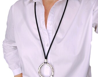 Silver Plated Chunky Circle Pendant Necklace, long statement necklace made in Canada
