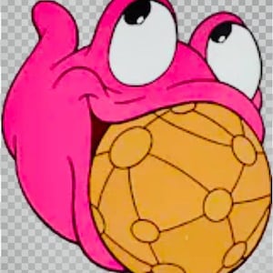 May include: A cartoon illustration of a pink creature with large white eyes and a wide grin, holding a yellow ball with a network design. The creature's form is simple, with a smooth, rounded shape.