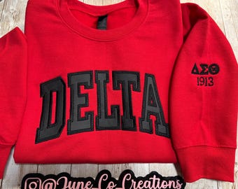 Felpa ricamata Delta Theta Sigma con decorazioni sulle maniche