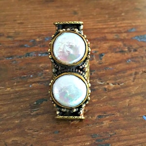 Double Pearl Saddle Ring ~ Pearl and Brass Adjustable Ring ~ Bohemian Ring ~ Ivory Pearl Ring ~ Goddess Jewelry