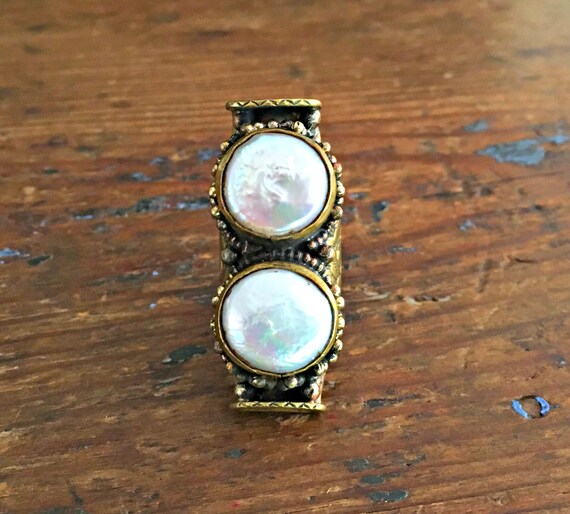Double Pearl Saddle Ring ~ Pearl and Brass Adjust… - image 1