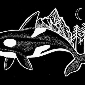 Orca Screen Printed Patch/ Killer Whale Sew on Badge/ B&W Orca Illustration Canvas Back Patch/ Whale Art Jacket Appliqué, Celestial Whale image 6