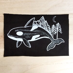Orca Screen Printed Patch/ Killer Whale Sew on Badge/ B&W Orca Illustration Canvas Back Patch/ Whale Art Jacket Appliqué, Celestial Whale image 5