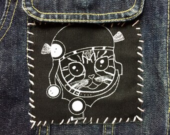 Cat Screen Printed Patch* Steampunk Cat Sew on Patch* Cute Cat Canvas Patch* Black & White Tabby Cat Art Patch* Cat Patch for Denim Jackets