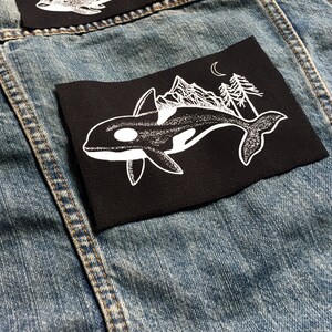 Orca Screen Printed Patch/ Killer Whale Sew on Badge/ B&W Orca Illustration Canvas Back Patch/ Whale Art Jacket Appliqué, Celestial Whale image 8