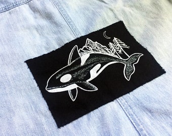 Orca Scherm gedrukt Patch / Orka naaien op Badge / B&W Orca Illustratie Canvas Terug Patch / Whale Art Jacket Appliqué, Celestial Whale