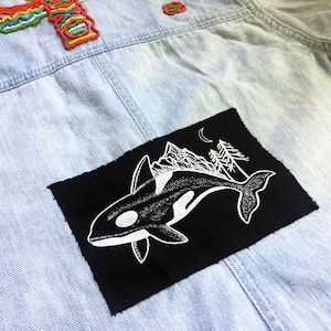 Orca Screen Printed Patch/ Killer Whale Sew on Badge/ B&W Orca Illustration Canvas Back Patch/ Whale Art Jacket Appliqué, Celestial Whale image 1
