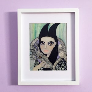 Girl with a Dragon & Raven Art Print, Girl with Horns Portrait Wall Art, Pop Surrealist Art Poster, Villain Art, Daemon Art