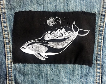 Dolphin Canvas Patch/ Galaxy & Stars Dolphin Patch/ Dolphin Illustration Screen Printed Jacket Badge/ Delphinus Constellation Appliqué