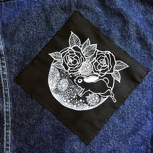 Celestial Rabbit Art Patch, Rabbit in the Moon Canvas Badge, Bunny Full Moon & Peonies Flowers Patch, Lunar Moon Rabbit Jacket Appliqué image 1