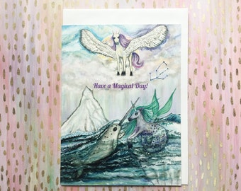 Narwhal Birthday Card, Unicorn Mermaid Greeting Card, Pegasus Greeting Card, Birthday Card for Narwhal Lovers, Card for Daughters & Kids