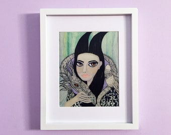 Girl with a Dragon & Raven Art Print, Girl with Horns Portrait Wall Art, Pop Surrealist Art Poster, Villain Art, Daemon Art
