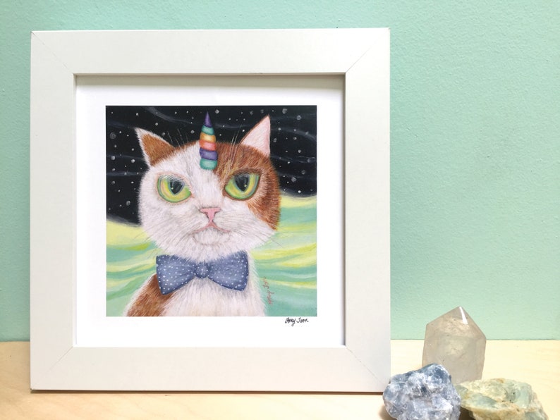 Set van 2 Cat Art Prints, Mix & Match Cat Prints voor Home Decor, Cute Cat Art for Nurseries and Kids Rooms, Orange Cat Art, Unicorn Cat Art Bow Tie Cat 8"x8"