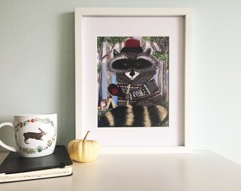 Raccoon Woodland Forest Art Print, Animal Art Hygge Style Home Decor, Pop Surrealism Raccoon in Sweater, Cute Raccoon Art for Kids