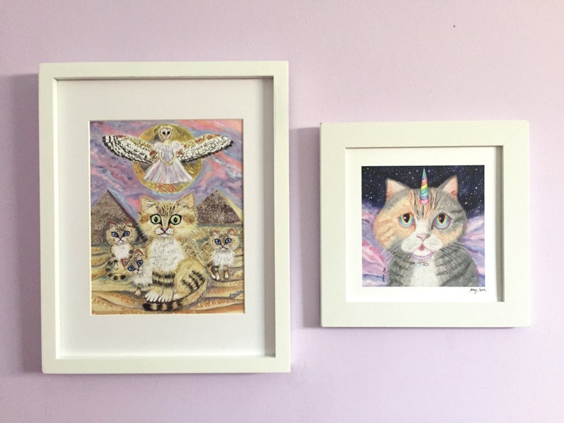 Set van 2 Cat Art Prints, Mix & Match Cat Prints voor Home Decor, Cute Cat Art for Nurseries and Kids Rooms, Orange Cat Art, Unicorn Cat Art afbeelding 1