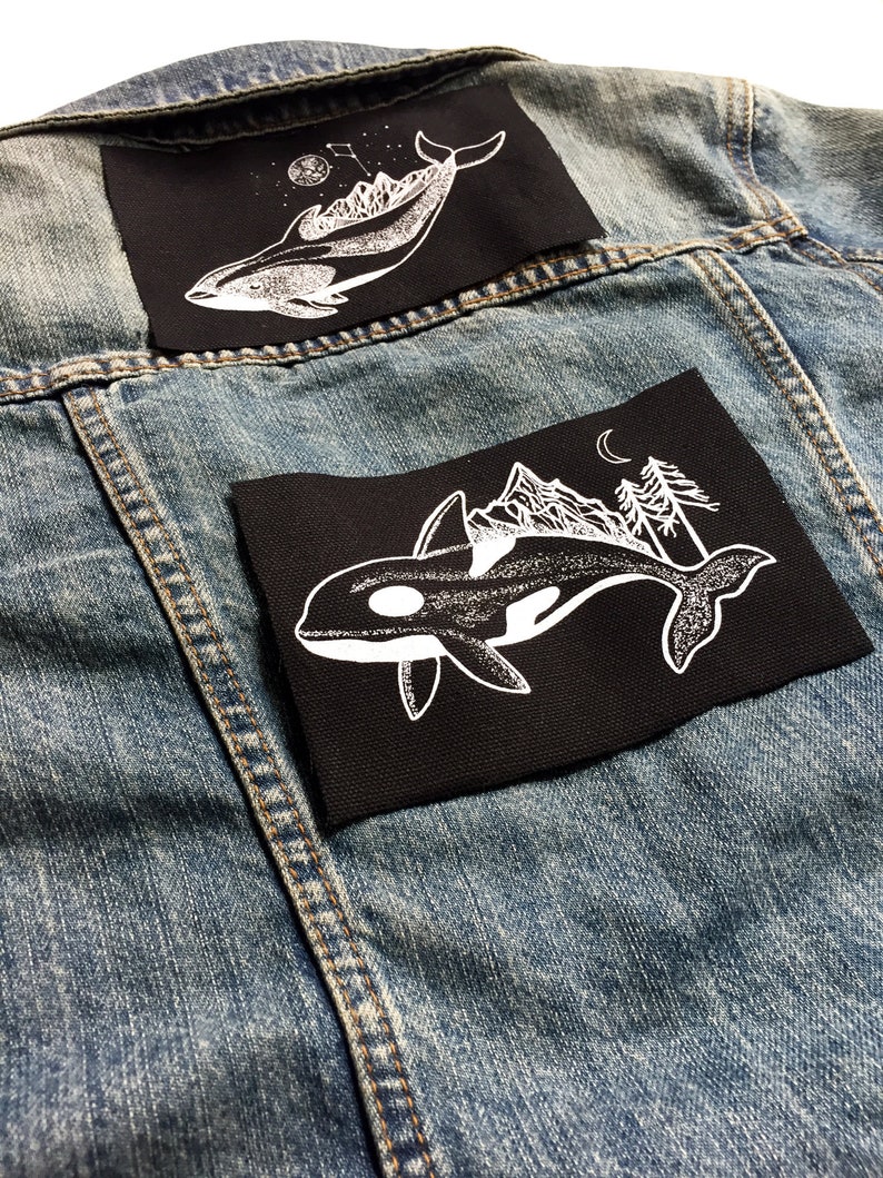 Orca Screen Printed Patch/ Killer Whale Sew on Badge/ B&W Orca Illustration Canvas Back Patch/ Whale Art Jacket Appliqué, Celestial Whale image 8