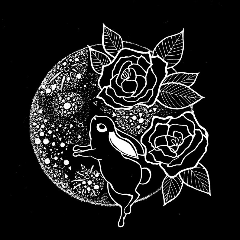 Celestial Rabbit Art Patch, Rabbit in the Moon Canvas Badge, Bunny Full Moon & Peonies Flowers Patch, Lunar Moon Rabbit Jacket Appliqué image 5