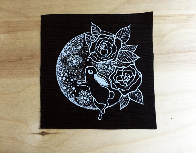 Celestial Rabbit Art Patch, Rabbit in the Moon Canvas Badge, Bunny Full Moon & Peonies Flowers Patch, Lunar Moon Rabbit Jacket Appliqué image 4