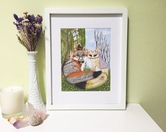 Robin Hood Fox Art Print, Grey Fox & Fennec Fox Art Home Decor, Gift for Couples, Cute Fox Wedding Art, Forest Animal Fox Wall Art, Fox Art