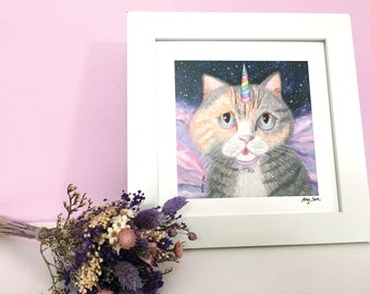 Unicorn Cat Art Print, Galaxy Cat Square Print Wall Art, Cute Cat Unicorn Art, Adorable Unicorn Art for Kid's & Babies' Room Decor, Cat Art