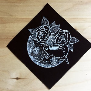 Celestial Rabbit Art Patch, Rabbit in the Moon Canvas Badge, Bunny Full Moon & Peonies Flowers Patch, Lunar Moon Rabbit Jacket Appliqué image 3