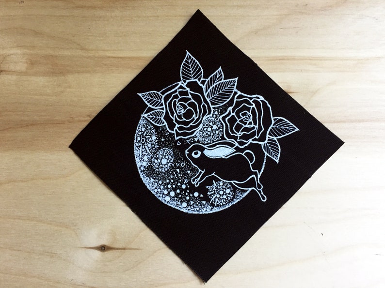 Celestial Rabbit Art Patch, Rabbit in the Moon Canvas Badge, Bunny Full Moon & Peonies Flowers Patch, Lunar Moon Rabbit Jacket Appliqué image 3