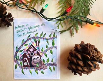 Sloth Holiday Card, Cute Sloth Christmas Card, Funny Holiday Card for Sloth Lovers, Festive Sloth Christmas Card, Sloth & Gingerbread Card