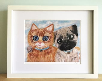 Milo & Otis GRAND tirage d’art, Orange Tabby Cat Print, Carlin Puppy Home Decor, Orange Cat Art pour chambre à coucher, Art pour les amoureux du carlin, Art du chat et du chien