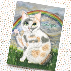 Carte de voeux de chat de bonne chance, carte de chance de chat de Maneki Neko, carte japonaise d’art de chat de bobtail, carte de salutation blanche de chat de Calico, chat et carte d’arc-en-ciel