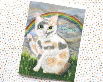 Good Luck Cat Greeting Card, Maneki Neko Cat Lucky Card, Japanese Bobtail Cat Art Card, Calico Cat Blank Greeting Card, Cat & Rainbow Card