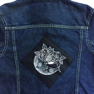 Celestial Rabbit Art Patch, Rabbit in the Moon Canvas Badge, Bunny Full Moon & Peonies Flowers Patch, Lunar Moon Rabbit Jacket Appliqué image 2