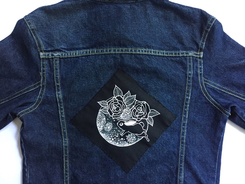 Celestial Rabbit Art Patch, Rabbit in the Moon Canvas Badge, Bunny Full Moon & Peonies Flowers Patch, Lunar Moon Rabbit Jacket Appliqué image 2